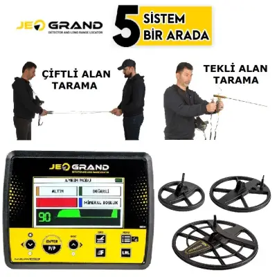 Avrupa Dedektör Jeogrand 5 Sistemli Dedektör (Derin + Yüzey VLF Dedektör + Pinpointer + Tek/İki Kişilik Alan Tarama, 2D Ekran, 3 Başlık)