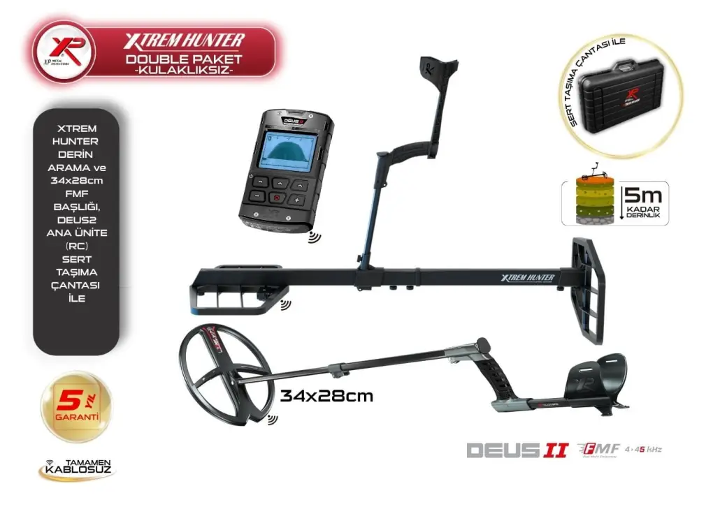 XP Deus 2 Su Geçirmez Dedektör (Ana Ünite ve 34x28 cm FMF Başlık, Xtrem Hunter Uyumlu) XP
