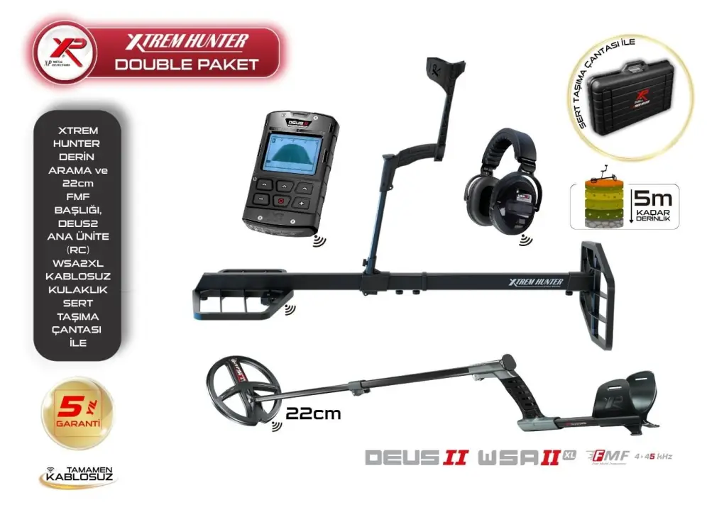 XP Xtrem Hunter Çift Başlıklı Derin Arama Seti (Deus 2 Ana Ünite, 22 cm FMF Başlık ve WSA2XL Kulaklık) XP